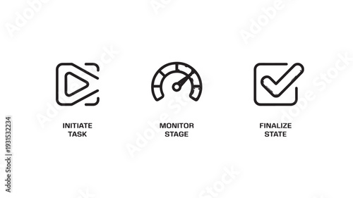 Business Process Icons Initiate Task Monitor Stage Finalize State On White Background For Workflow Concepts