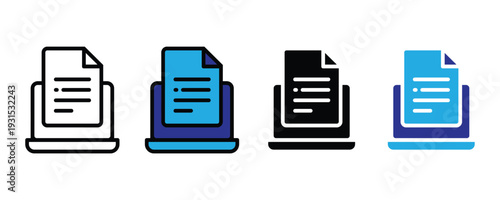Online document and laptop icon set. Digital file management symbol for remote work, cloud storage, and electronic paperwork design. Vector Illustration.