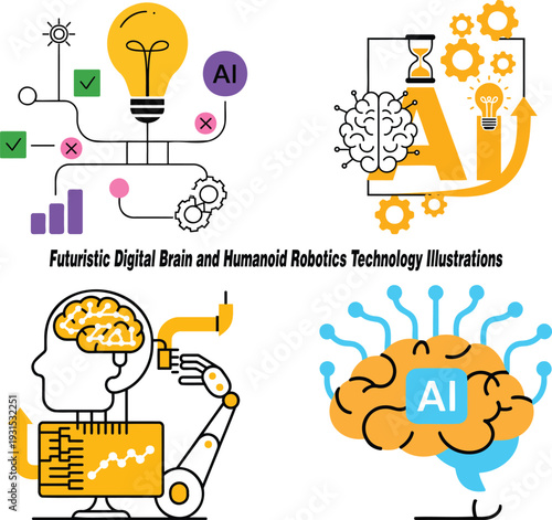 Modern digital brain and humanoid robotics technology illustrations portraying innovation and cognitive computing