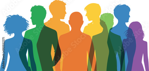 Minimal hand-drawn vector illustration of diverse people silhouettes in vibrant colors, abstract background, representing inclusion, equality, community, and teamwork