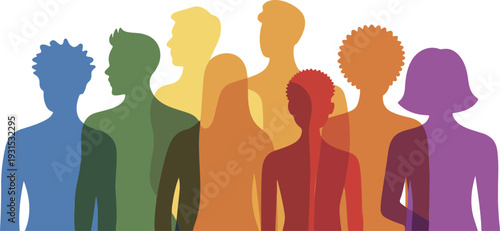 Abstract vector illustration of multicultural people silhouettes with colorful vibrant splashes, representing diversity, inclusion, equality, unity, and social community