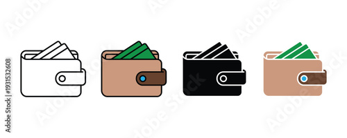 Leather wallet icon set with paper money. Finance symbol for personal savings, cash payment, and banking wealth management design. Vector Illustration.