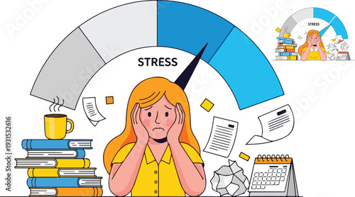 Overwhelmed woman experiencing high levels of work and academic pressure indicated by a large stress meter on transparent background