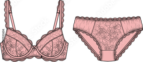 Pink lace bra and matching panties set, feminine lingerie illustration, floral embroidery details, intimate apparel, fashion undergarments, vector, detailed, high-resolution