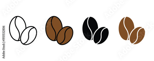 Coffee bean icon set. Roasted caffeine seed symbol for cafe shop, espresso brewing, and morning beverage design. Vector Illustration.