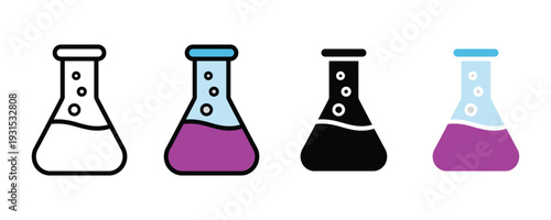 Erlenmeyer flask and chemistry beaker icon set. Laboratory glassware symbol for scientific research, chemical reaction, and biotech experiment design. Vector Illustration.