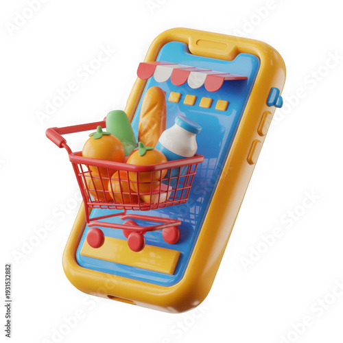 Shopping cart with groceries in phone app 3D render