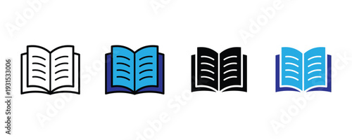Open book and notebook icon set. Education symbol for library, academic study, and storytelling literature design. Vector Illustration.