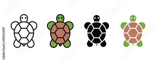 Turtle and tortoise icon set. Reptile animal symbol for wildlife conservation, nature education, and slow pace concept design. Vector Illustration.