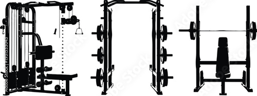Black vector silhouettes of professional gym equipment including cable crossover machine power rack and barbell bench press set isolated on white background for fitness design