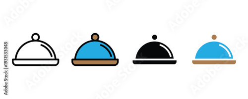 Food cloche and restaurant server platter icon set. Gourmet dining symbol for hotel room service, catering event, and kitchen tray design. Vector Illustration.