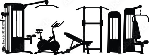 Black vector silhouettes of professional gym workout equipment including cable pulldown machine exercise bike weight bench and power tower isolated on a white background. (24 words)