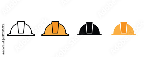 Safety helmet and hard hat icon set. Construction worker head protection symbol for industrial safety, site labor, and engineer equipment design. Vector Illustration.