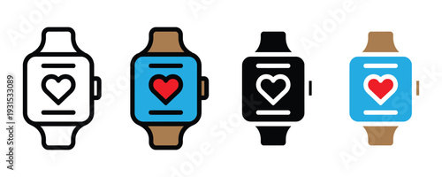 Smartwatch heart rate monitor icon set. Wearable fitness tracker symbol for health monitoring, sports workout, and digital heart pulse design. Vector Illustration.