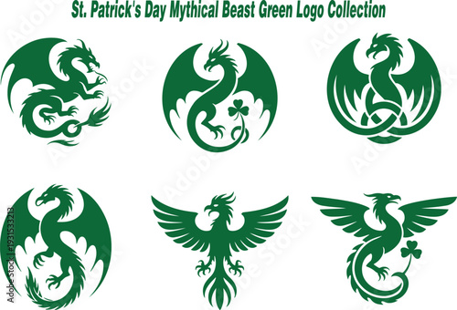 Striking mythical green dragons and phoenixes intertwined with shamrocks and Celtic knots symbolize St Patricks Day
