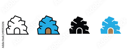 Cave entrance and rocky cavern icon set. Grotto symbol for adventure tourism, prehistoric history, and mountain exploration design. Vector Illustration.