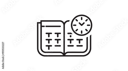 Black Icon Of Open Book With Clock On White Background For Education And Time Management Concepts