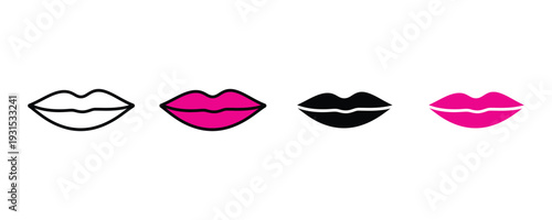 Female lips and mouth icon set. Lipstick makeup symbol for beauty salon, cosmetics brand, and dental care design. Vector Illustration.