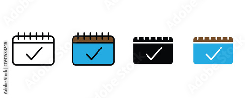Calendar check mark and appointment confirmed icon set. Schedule verification symbol for task completion, event planning, and date reminder design. Vector Illustration.