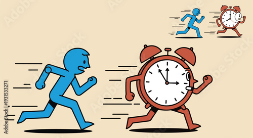 A blue stick figure character in a hurried pursuit running after an anthropomorphic alarm clock, symbolizing urgency and managing deadlines on transparent background. on transparent background