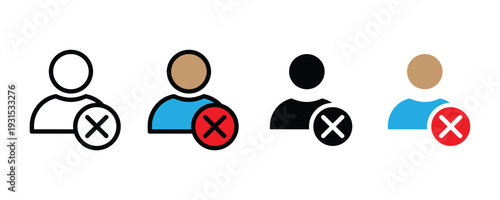 Remove user and delete profile icon set. Person avatar symbol with cross mark for account cancellation, member rejection, and user management design. Vector Illustration.