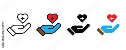 Healthcare donation and charity icon set. Hand holding heart with cross symbol for medical aid, blood donation, and volunteer support design. Vector Illustration.