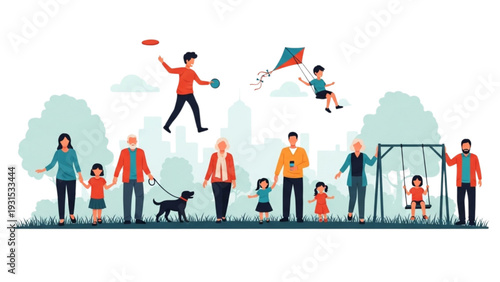 Family enjoys a sunny day outdoors with children flying kites together in a park