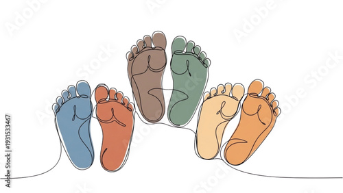 A group of five feet in a circle, different colors, illustration