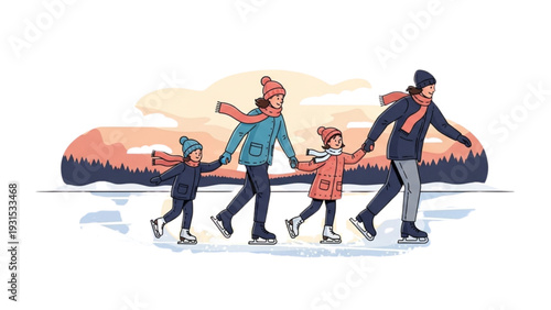 Family Ice Skating Together on Frozen Lake at Sunset Viewpoint