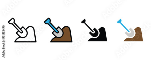 Shovel and soil mound icon set. Digging tool symbol for gardening, construction site work, and landscaping design. Vector Illustration.