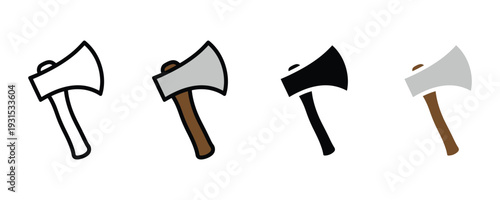 Hatchet and axe tool icon set. Woodwork equipment symbol for lumberjack, camping, and timber harvesting design. Vector Illustration.