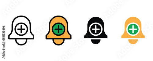 Notification bell with plus icon set. Alert symbol for adding reminders, medical notifications, and new subscription updates design. Vector Illustration.
