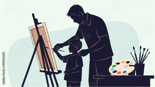 Man guiding child to paint on canvas at easel in studio