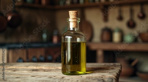 Olive oil bottle on wooden table in rustic kitchen setting  