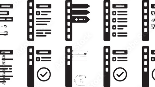 Black And White Film Strip Icons With Checkmarks And Text On White Background For Video And Editing Concepts