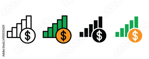 Financial growth bar chart icon set. Increasing graph with dollar coin symbol for investment success, profit analysis, and business revenue growth design. Vector Illustration.