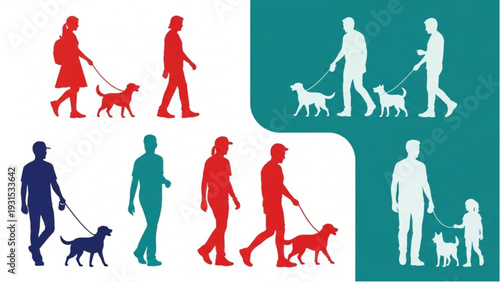 People walking dogs in various colors and styles on a walk