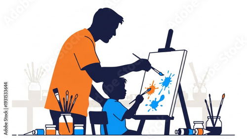 Father and child painting together, exploring their creativity and bonding over a colorful art project, illustrating the joy of parenting and child development.