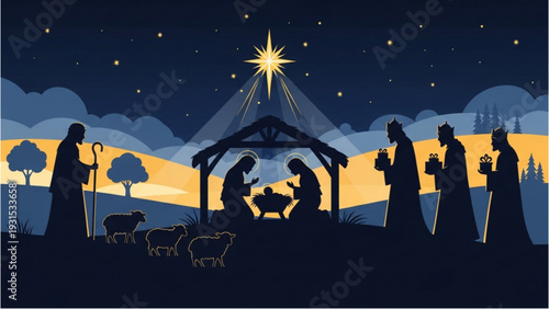 Nativity scene illustration with Mary, Joseph, and baby Jesus under a starry night sky