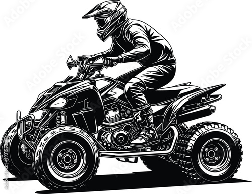 ATV rider silhouette illustration, quad bike motocross sport vehicle with helmeted driver, off road racing adventure vector isolated on white background