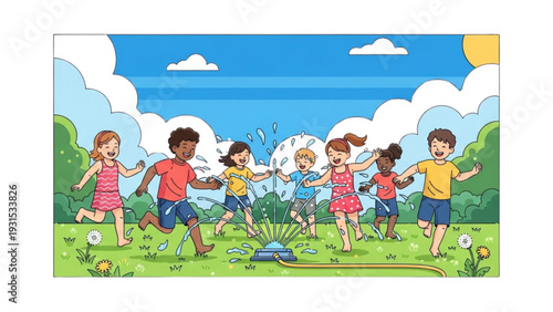 Children playing together in a sunny green field, running and laughing, viewed from a slight distance.