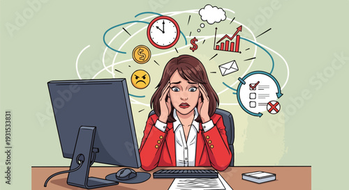 Overwhelmed female office worker sitting at her desk struggling with multiple demanding tasks and intense workplace pressure on transparent background