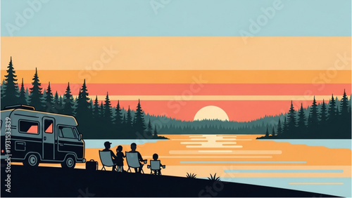 Campsite at Sunset with Family and Recreation