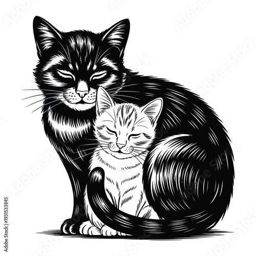 Black and white illustration of two cats cuddling kittens