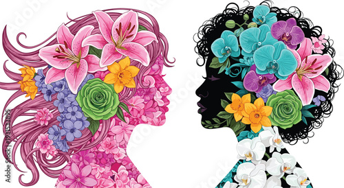 Beautiful woman profile silhouettes with vibrant floral hair, colorful flowers composition, artistic female portrait vector illustration isolated on white background