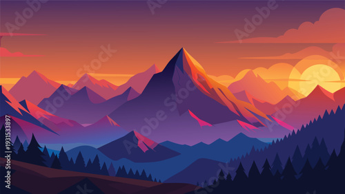 Majestic mountains bathed in the warm glow of a setting sun over a serene valley Vector
