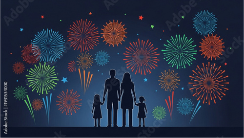 Family of four silhouetted against vibrant fireworks display on a dark evening