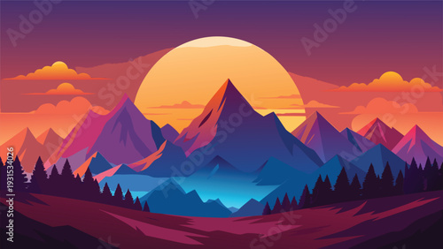 Majestic mountain range under a vibrant sunset sky with a full moon rising Vector