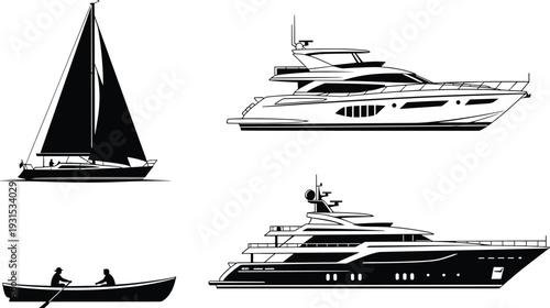 Boat silhouettes collection vector illustration, sailboat, luxury yacht, motor yacht and rowing boat isolated on white background, marine transport set
