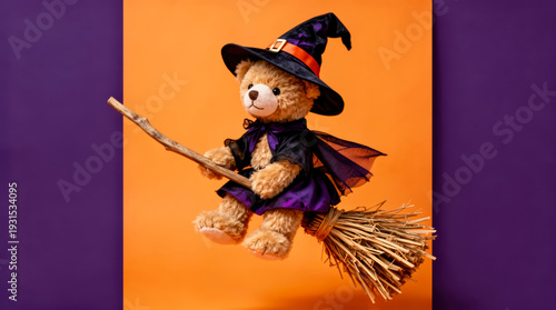 Adorable Teddy Bear Dressed as a Whimsical Witch, Playfully Soaring on a Broomstick Against a Vibrant Dual-Tone Halloween Background.